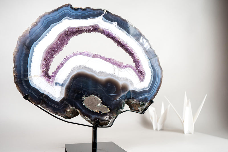 Blue & White Lace Agate Geode Slice with Purple Amethyst Druzy on Stand - E2D Crystals & Minerals