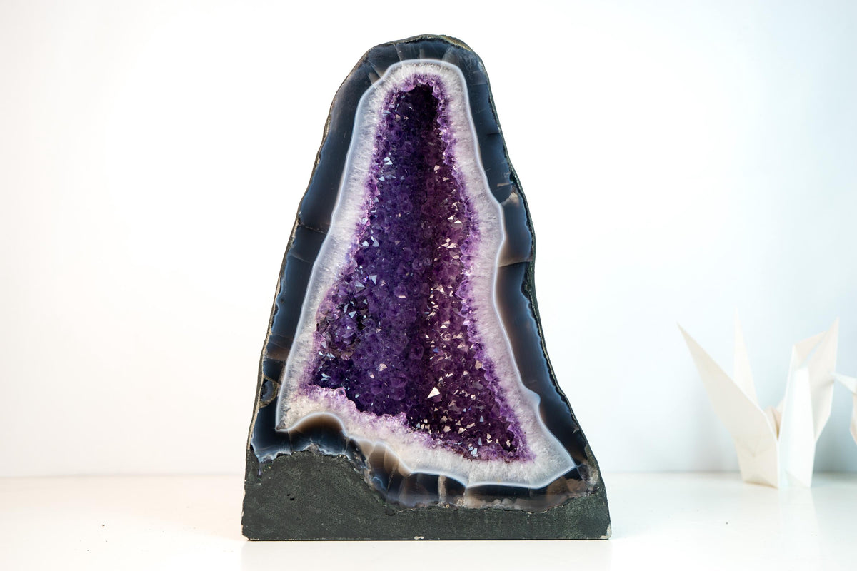Blue & White Lace Agate Geode with Sparkling Violet Amethyst Druzy