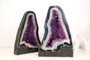 Rare Bookmatching Pair of Blue & White Lace Agate Geodes with Sparkling Violet Amethyst Druzy - Super - Extra Grade - 79 lb - E2D Crystals & Minerals