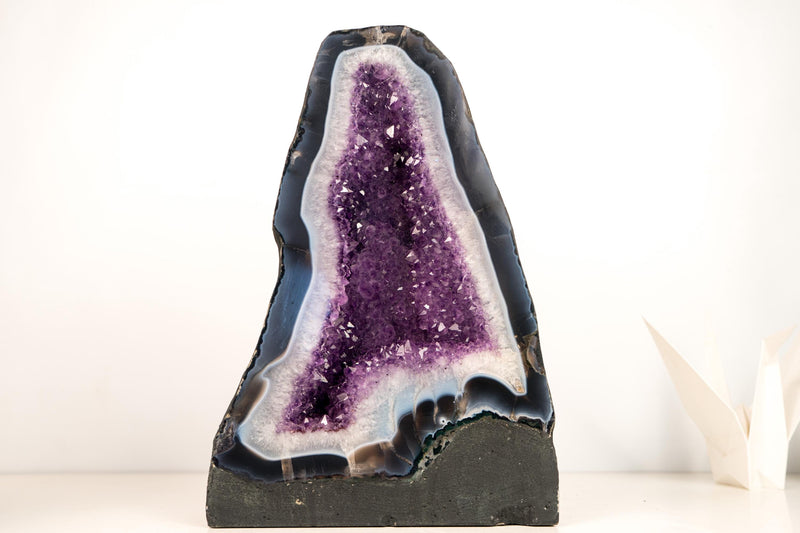Rare Bookmatching Pair of Blue & White Lace Agate Geodes with Sparkling Violet Amethyst Druzy - Super - Extra Grade - 79 lb - E2D Crystals & Minerals