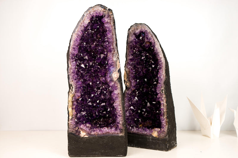 Pair of Stunning Amethyst Geode Cathedrals with Large Sparkly Deep Violet - Purple Crystals - Medium Size: 63 lb - 19 In - E2D Crystals & Minerals