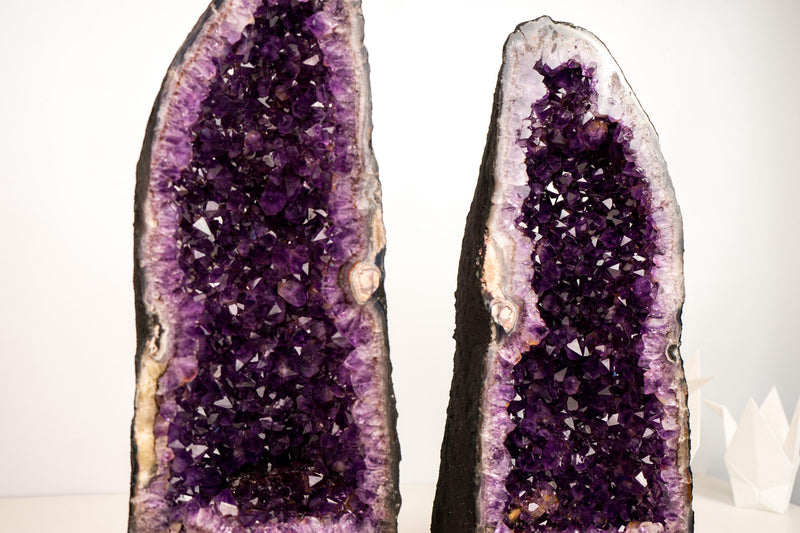 Pair of Stunning Amethyst Geode Cathedrals with Large Sparkly Deep Violet - Purple Crystals - Medium Size: 63 lb - 19 In - E2D Crystals & Minerals