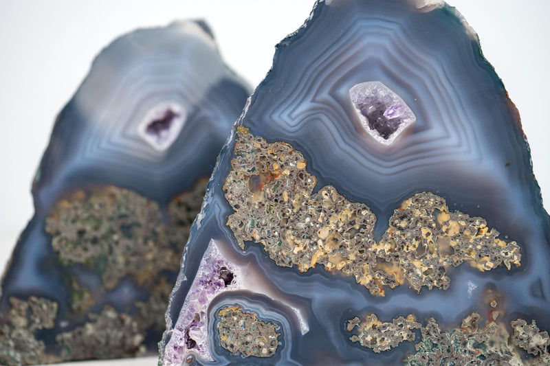 Rare Blue Lace Agate Geode – Intact Bookmatched Pair with Unique Geological Landscape Drawing - 4.3 Kg - 9.5 lb - E2D Crystals & Minerals