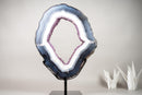 Spectacular Blue & White Lace Agate Geode Portal Slice with Rose Amethyst Druzy on Stand - 19 In Tall, 16 Lb - E2D Crystals & Minerals