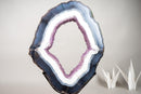 Spectacular Blue & White Lace Agate Geode Portal Slice with Rose Amethyst Druzy on Stand - 19 In Tall, 16 Lb - E2D Crystals & Minerals