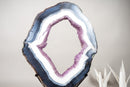 Blue & White Lace Agate Geode Slice with Lavender Amethyst Druzy on Stand – Spectacular Dual - Sided Portal Specimen - 19.5 In Tall, 16 Lb - E2D Crystals & Minerals