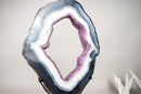 Blue & White Lace Agate Geode Slice with Lavender Amethyst Druzy on Stand – Spectacular Dual - Sided Portal Specimen - 19.5 In Tall, 16 Lb - E2D Crystals & Minerals