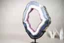 Blue & White Lace Agate Geode Slice with Lavender Amethyst Druzy on Stand – Spectacular Dual - Sided Portal Specimen - 19.5 In Tall, 16 Lb - E2D Crystals & Minerals
