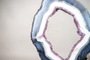 Blue & White Lace Agate Geode Slice with Lavender Amethyst Druzy on Stand – Spectacular Dual - Sided Portal Specimen - 19.5 In Tall, 16 Lb - E2D Crystals & Minerals