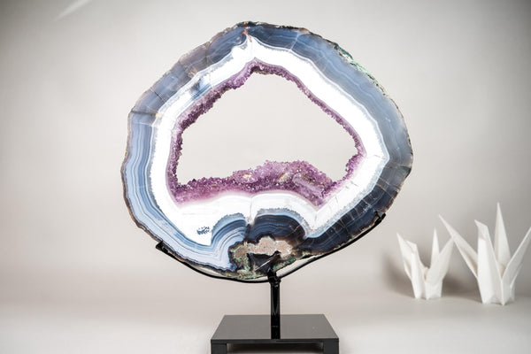 Rare Blue & White Lace Agate Geode Slice with Lavender Amethyst Druzy on Stand – Spectacular Dual - Sided Portal Specimen - 19 Lb - E2D Crystals & Minerals