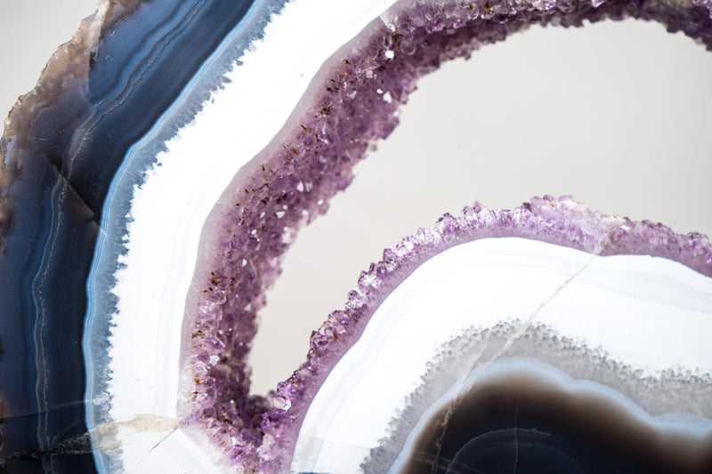 Blue & White Lace Agate Geode Slice with Purple Amethyst Druzy on Stand - E2D Crystals & Minerals