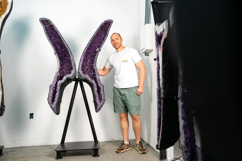 Sculptural Amethyst Geode Wings – 6.5 Ft Tall Butterfly Formation - E2D Crystals & Minerals