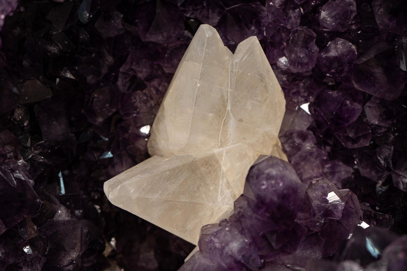 Pair of Arched Purple Amethyst Cathedral Geodes with Large Calcite - E2D Crystals & Minerals