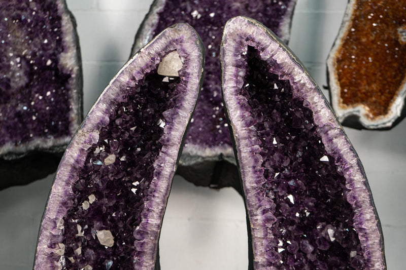 Pair of Arched Purple Amethyst Cathedral Geodes with Large Calcite - E2D Crystals & Minerals