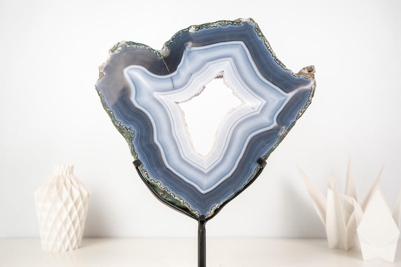 Blue and White Lace Agate Geode Portal with Sparkly White Galaxy Druzy - E2D Crystals & Minerals