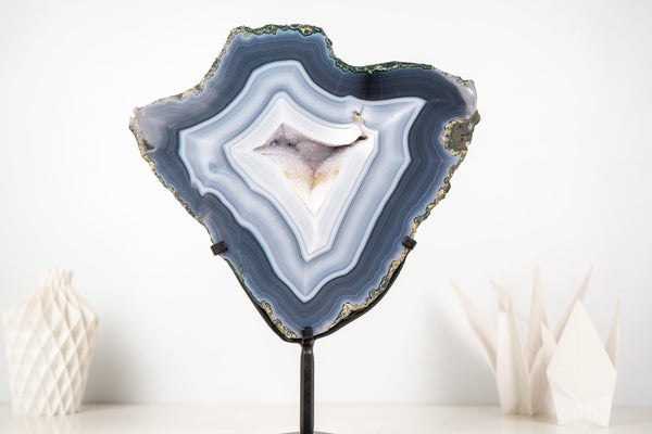 Natural Blue and White Lace Agate Geode Portal with White Galaxy Druzy - E2D Crystals & Minerals