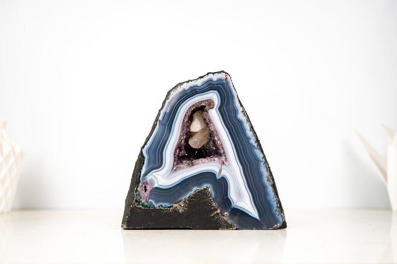 Natural Dark Blue and White Lace Agate Geode with Calcite Inclusion - E2D Crystals & Minerals