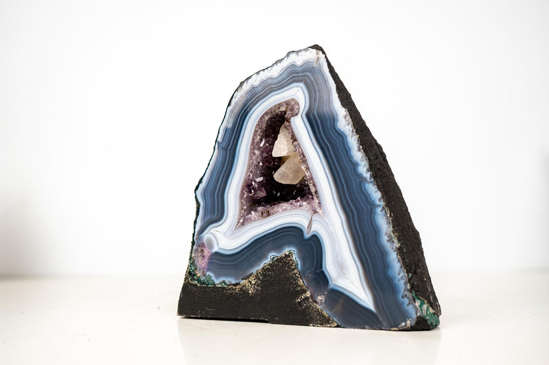 Natural Dark Blue and White Lace Agate Geode with Calcite Inclusion - E2D Crystals & Minerals