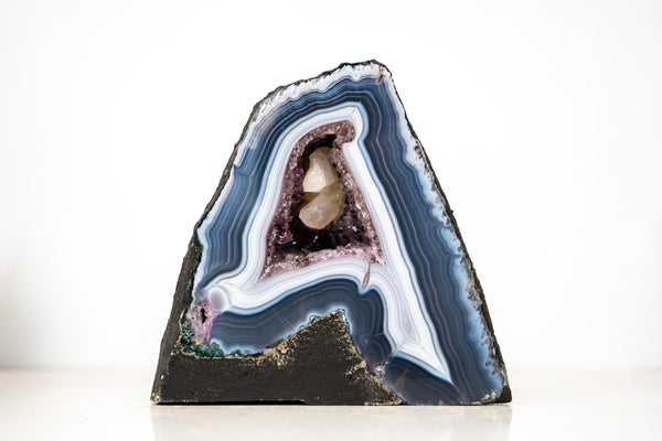 Natural Dark Blue and White Lace Agate Geode with Calcite Inclusion - E2D Crystals & Minerals