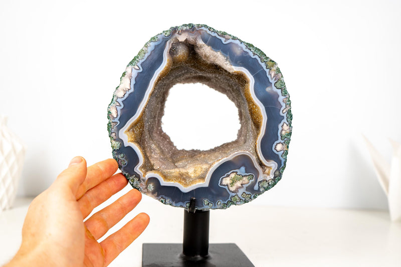 Landscape Agate Geode Portal – Blue Lace Agate with Galaxy Druzy and Cacoxenite Inclusions - E2D Crystals & Minerals
