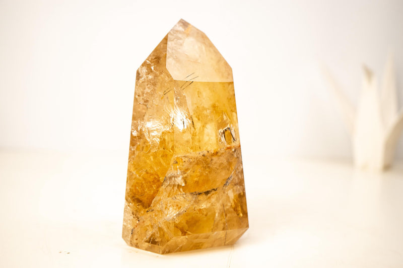 Golden Orange Citrine Obelisk with Rare Graphite Rutile Inclusions - E2D Crystals & Minerals