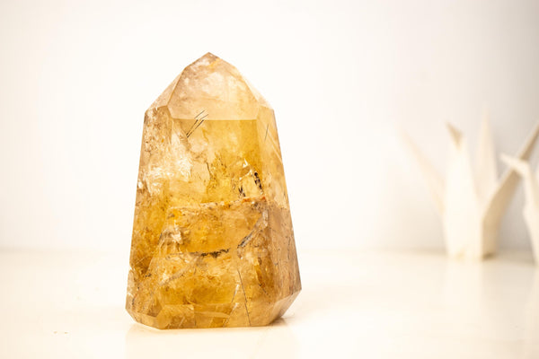 Golden Orange Citrine Obelisk with Rare Graphite Rutile Inclusions - E2D Crystals & Minerals