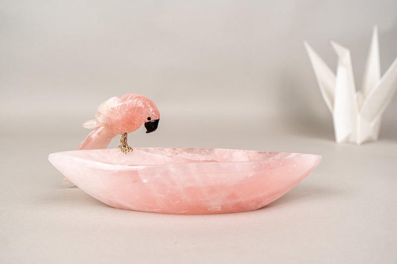 Hand - Carved Rose Quartz Crystal Parrots – Decorative Bowl & Key Tray - E2D Crystals & Minerals