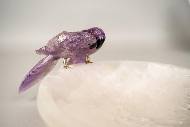 Hand - Carved Couple of Amethyst Crystal Parrots on a Clear Quartz Bowl - E2D Crystals & Minerals