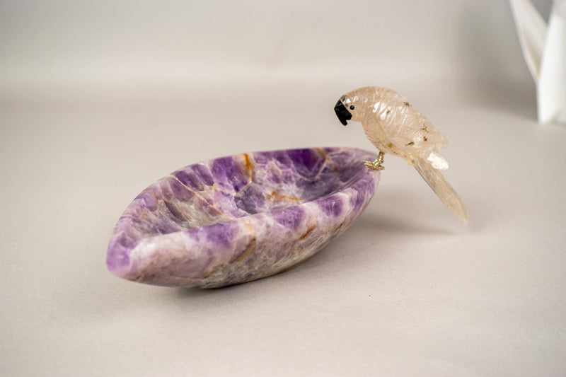 Hand - Carved Crystal Parrot on a Chevron Amethyst Crystal Bowl - E2D Crystals & Minerals