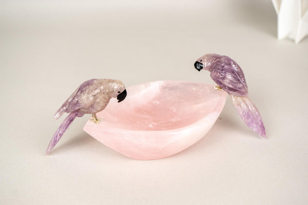 Hand - Carved Amethyst Crystal Parrots on Rose Quartz Bowl - E2D Crystals & Minerals