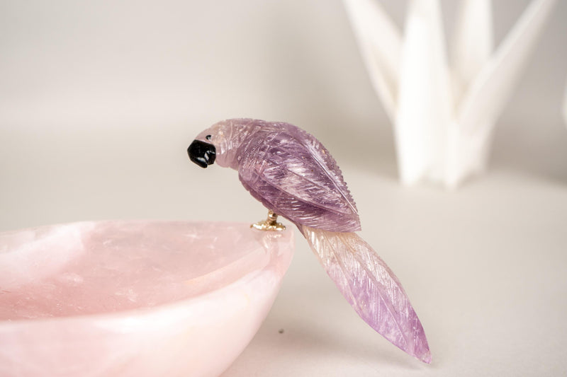 Hand - Carved Amethyst Crystal Parrots on Rose Quartz Bowl - E2D Crystals & Minerals