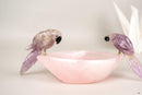 Hand - Carved Amethyst Crystal Parrots on Rose Quartz Bowl - E2D Crystals & Minerals