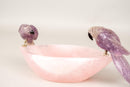 Hand - Carved Amethyst Crystal Parrots on Rose Quartz Bowl - E2D Crystals & Minerals