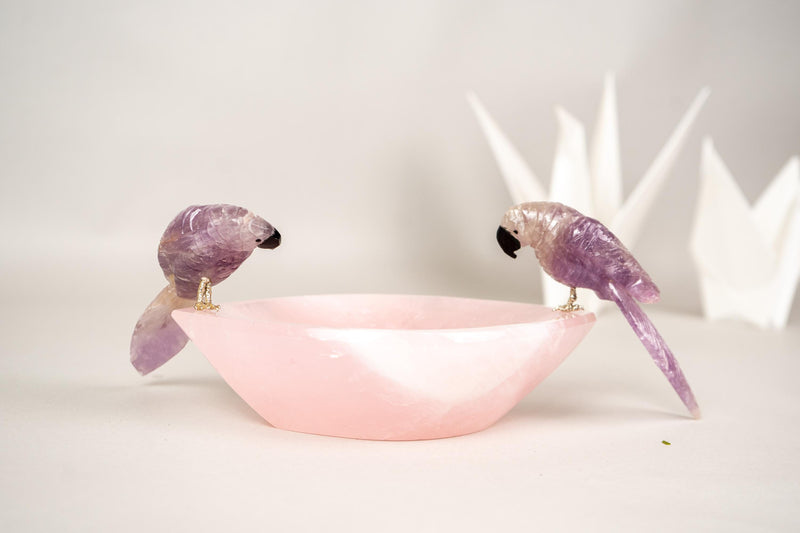 Hand - Carved Amethyst Crystal Parrots on Rose Quartz Bowl - E2D Crystals & Minerals