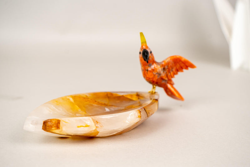 Hand - Carved Red Quartz Cockatoo on a Hematite Golden Healer Crystal Bowl - E2D Crystals & Minerals