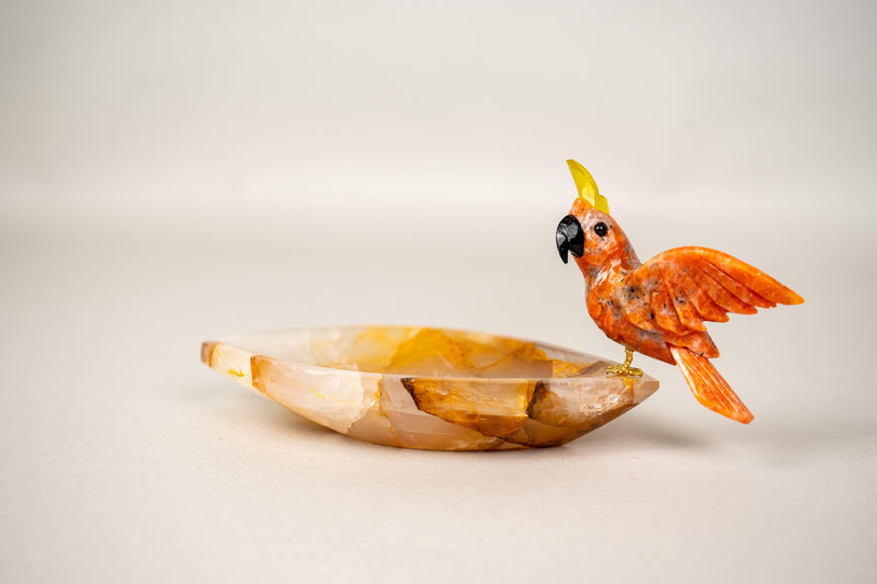Hand - Carved Red Quartz Cockatoo on a Hematite Golden Healer Crystal Bowl - E2D Crystals & Minerals