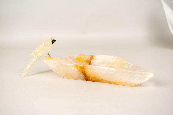 Hand - Carved Parrot Crystal on a Hematite Golden Healer Crystal Tray - E2D Crystals & Minerals