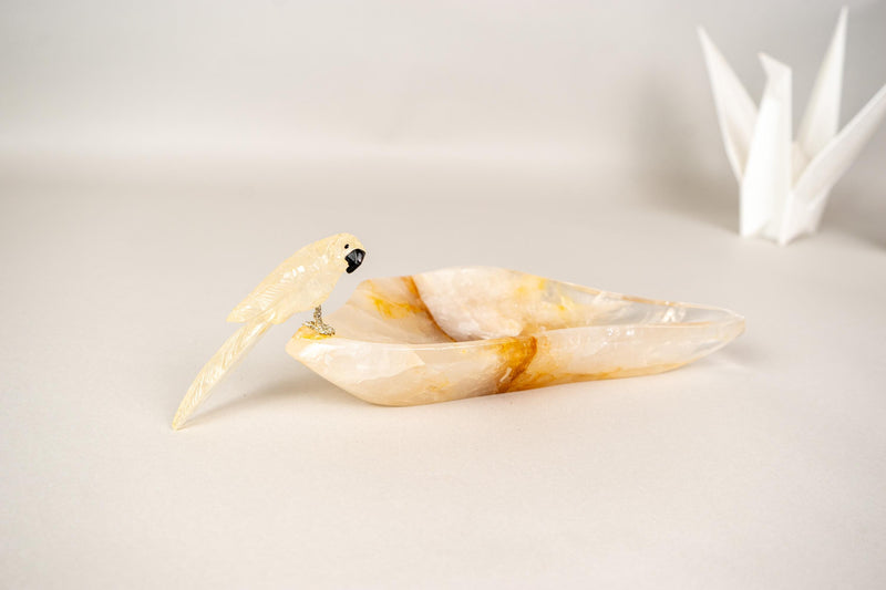 Hand - Carved Parrot Crystal on a Hematite Golden Healer Crystal Tray - E2D Crystals & Minerals