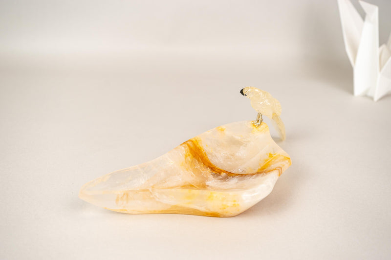 Hand - Carved Parrot Crystal on a Hematite Golden Healer Crystal Tray - E2D Crystals & Minerals