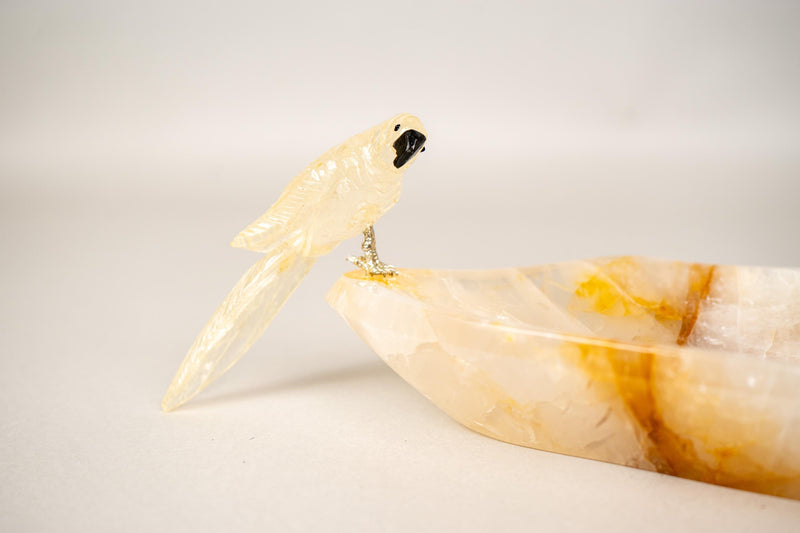 Hand - Carved Parrot Crystal on a Hematite Golden Healer Crystal Tray - E2D Crystals & Minerals