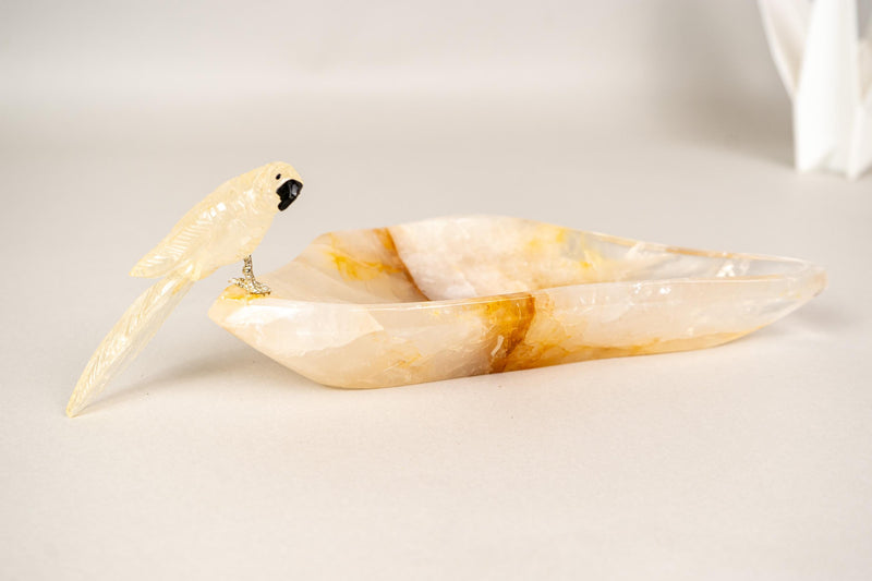 Hand - Carved Parrot Crystal on a Hematite Golden Healer Crystal Tray - E2D Crystals & Minerals