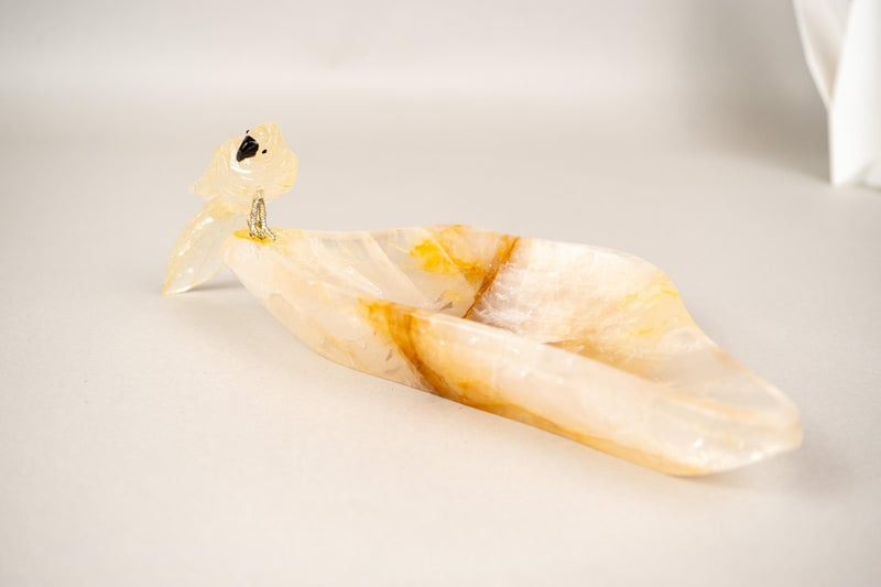 Hand - Carved Parrot Crystal on a Hematite Golden Healer Crystal Tray - E2D Crystals & Minerals