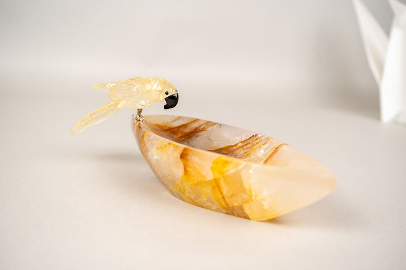 Hand - Carved Citrine Parrot on a Hematite Golden Healer Crystal Bowl - E2D Crystals & Minerals