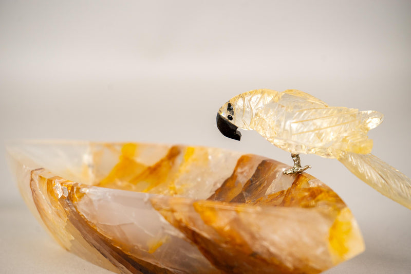 Hand - Carved Citrine Parrot on a Hematite Golden Healer Crystal Bowl - E2D Crystals & Minerals