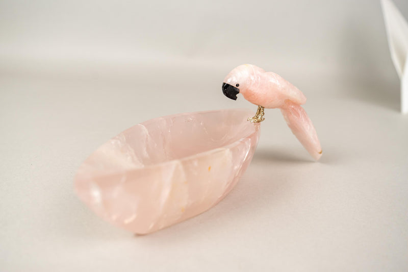 Delicate Hand - Carved Rose Quartz Crystal Parrots on Decorative Bowl - E2D Crystals & Minerals