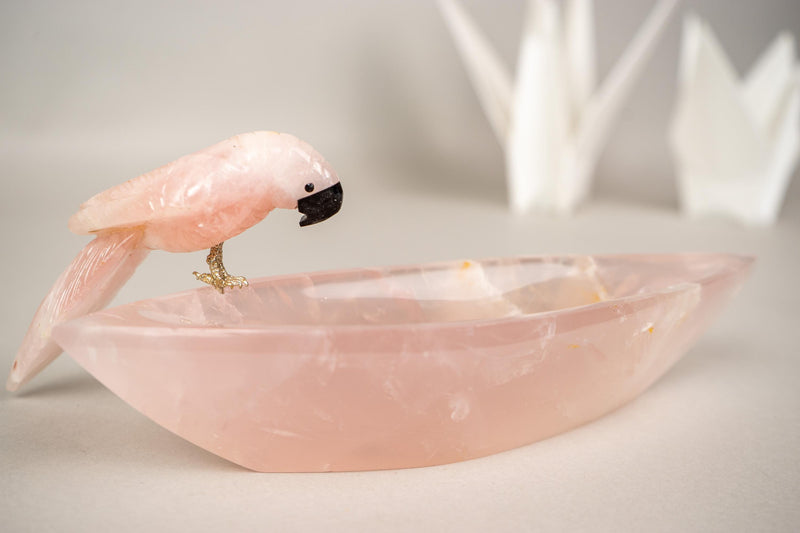 Delicate Hand - Carved Rose Quartz Crystal Parrots on Decorative Bowl - E2D Crystals & Minerals
