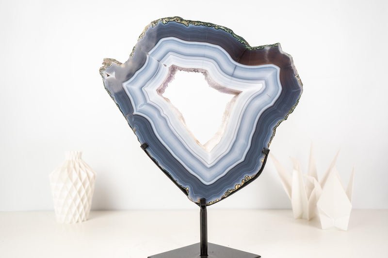 Blue and White Lace Agate Geode Portal with White Druzy Galaxy - E2D Crystals & Minerals