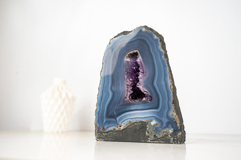 Blue Lace Agate Geode with Delicate Striped Pattern and Amethyst - E2D Crystals & Minerals