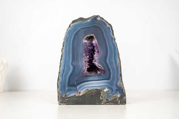 Blue Lace Agate Geode with Delicate Striped Pattern and Amethyst - E2D Crystals & Minerals