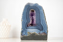 Blue Lace Agate Geode Slice with Banded Pattern and Amethyst Crystal - E2D Crystals & Minerals